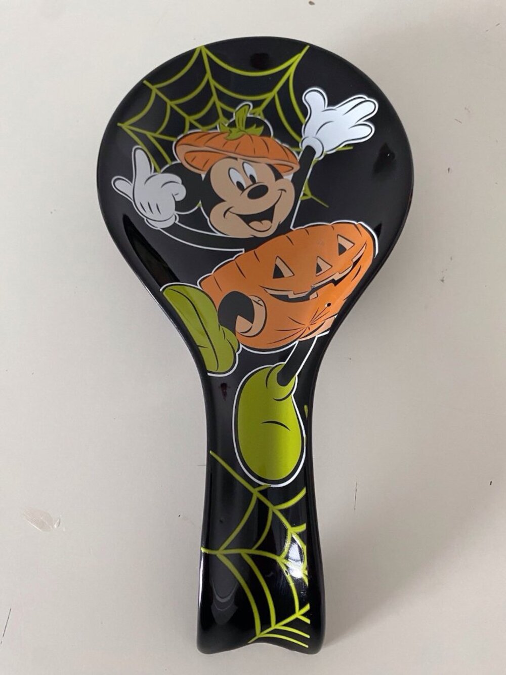 Disney Mickey Mouse Halloween Ceramic Spoon Rest Jack O Lantern Spider Web NEW